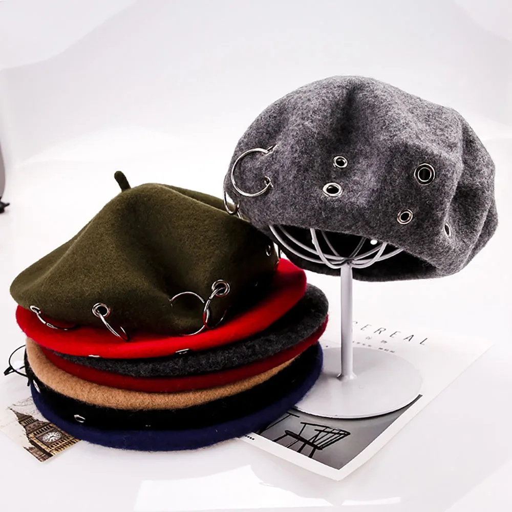 Женская шерстяная смесь Модный берет шапка сплошной цвет громоздкие зимние шапки в стиле панк обруч винтажная шляпа художника капот шапки для женщин и девушек