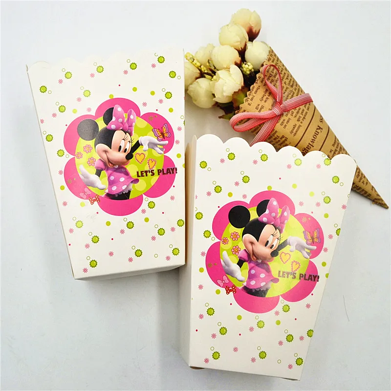 6pc Popcorn Box 24 шт. обертки+ топперы Минни Микки Маус дизайн цветная бумага кекс украшения торта вечерние принадлежности - Цвет: 6pc Popcorn Box
