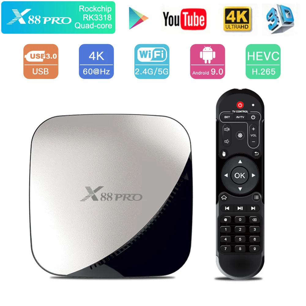 X88 Pro tv Box Android 9,0 RK3318 четырехъядерный 2 ГБ/4 ГБ ОЗУ 16 Гб/32 ГБ/64 Гб ПЗУ USB 3,0 2,4G/5G двухдиапазонный Wifi 1080P 4K телеприставка