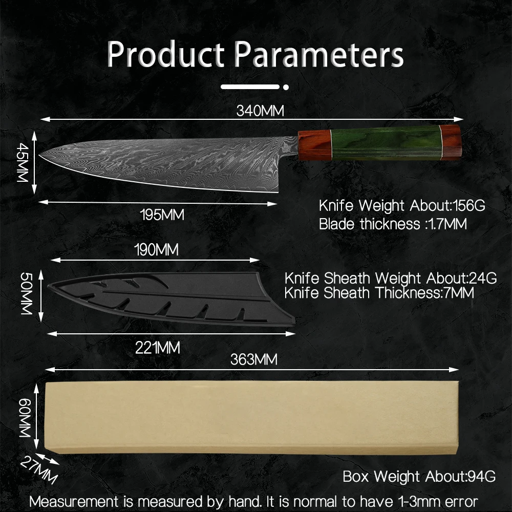 大马士革八角彩木柄方头8寸千羽纹厨师刀详情页_11