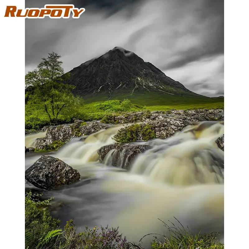 

RUOPOTY Painting By Numbers For Beginners Mountain And Water Landscape Oil Paints Diy Framed Home Wall Decor
