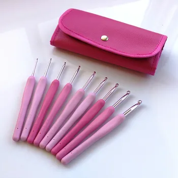 

9pcs/set Pink gradient Soft Rubber Handle Crochet Needles Aluminum 2.0-6.0mm DIY Crochet medium roving Sewing Tools kit