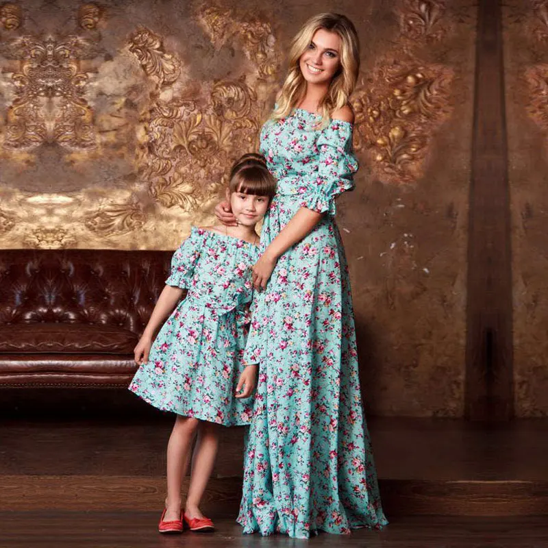 Платья для мамы и дочки; винтажное платье с цветочным принтом; коллекция года; одинаковые комплекты для семьи с короткими рукавами и принтом «Мама и я»; Vestido до щиколотки - Цвет: blue