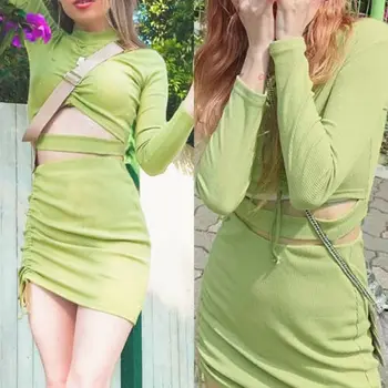 

2019 Summer Sweety Girls Green 2 Pcs Set Long Sleeve Drawstring Crop Tops and Mini Skirt Sexy Women Bodycon 2pcs Set New Fashion