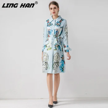 

LINGHAN Fashion Designer Women Coat Outwear Elegant Flower Print Long Sleeve Autumn Jacket Female Overcoat Clothes New