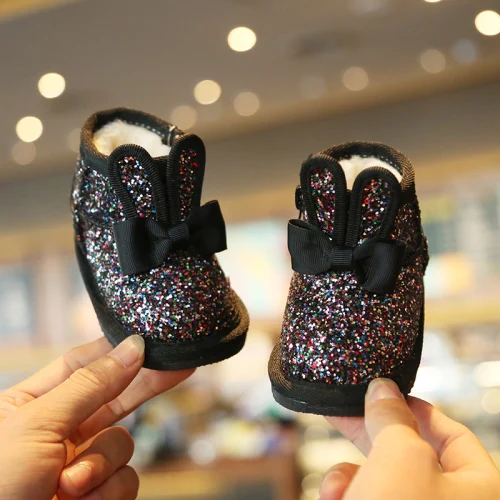 Черный Winter Baby Shoes Soft Bottom Toddler Shoes Baby Cotton Shoes Snow Boots Princess Leather Shoes Baby - Цвет: Черный
