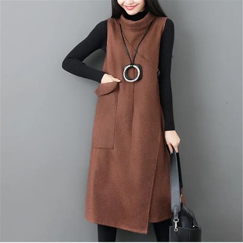 caramel colour Женское модное свободное платье, длинное женское платье, большие размеры, осенне-зимние платья, новое платье без рукавов с высоким воротом - Цвет: caramel colour