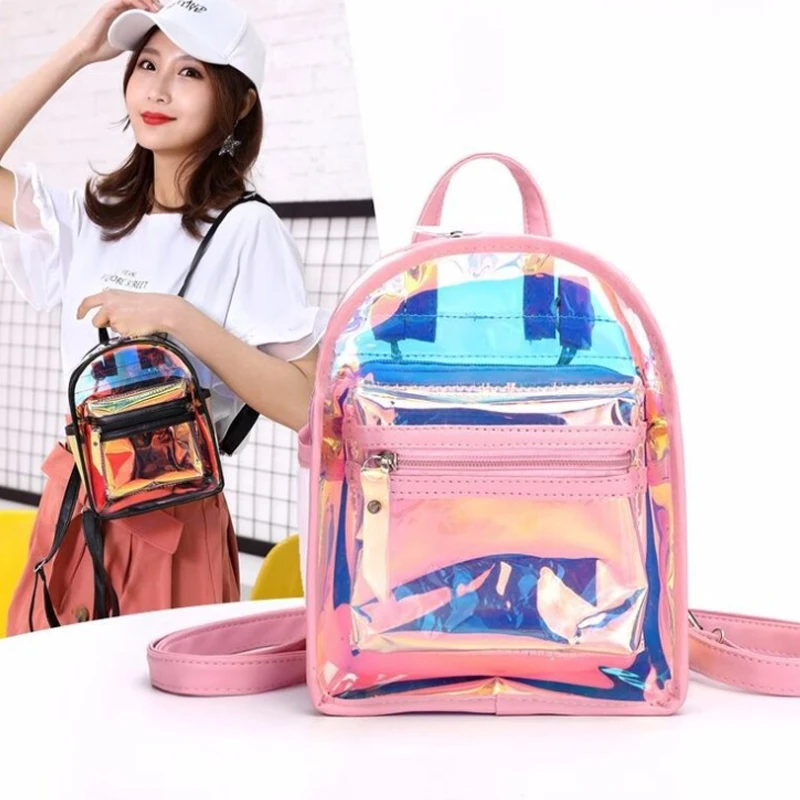 Mochila holográfica de cuero para mujeres y niñas, morral escolar plateado dorado rosa con láser, para adolescentes