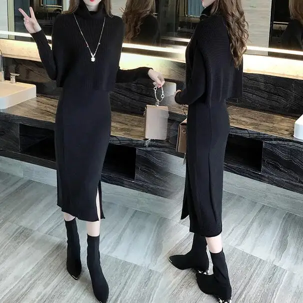 New Autumn Winter Women TURTLENECK Bottoming sweater Tops A-Line dress Knit 2 Piece Set Ladies Gothic Knitted Suit WF989