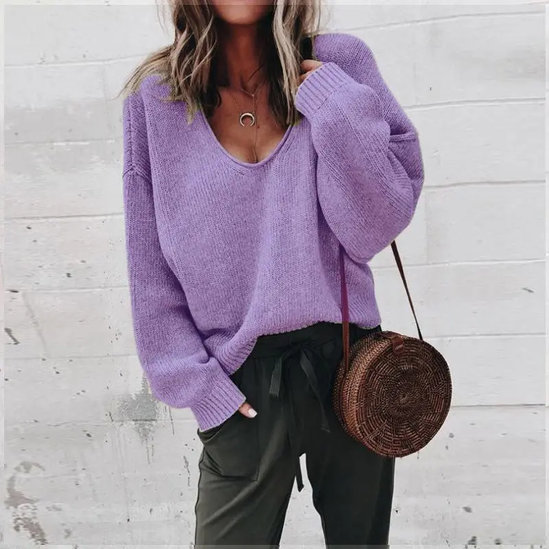 Jocoo Jolee женский сексуальный вязаный свитер с длинным рукавом и v-образным вырезом, повседневный однотонный черный Свободный пуловер, винтажный свитер, уличная одежда, джемпер - Цвет: Фиолетовый