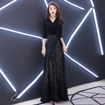 

Black Splicing Evening Gowns V-Neck Formal Robe De Soiree R265 Half Sleeve A-Line Women Party Dresses Zipper Formal Gowns 2020