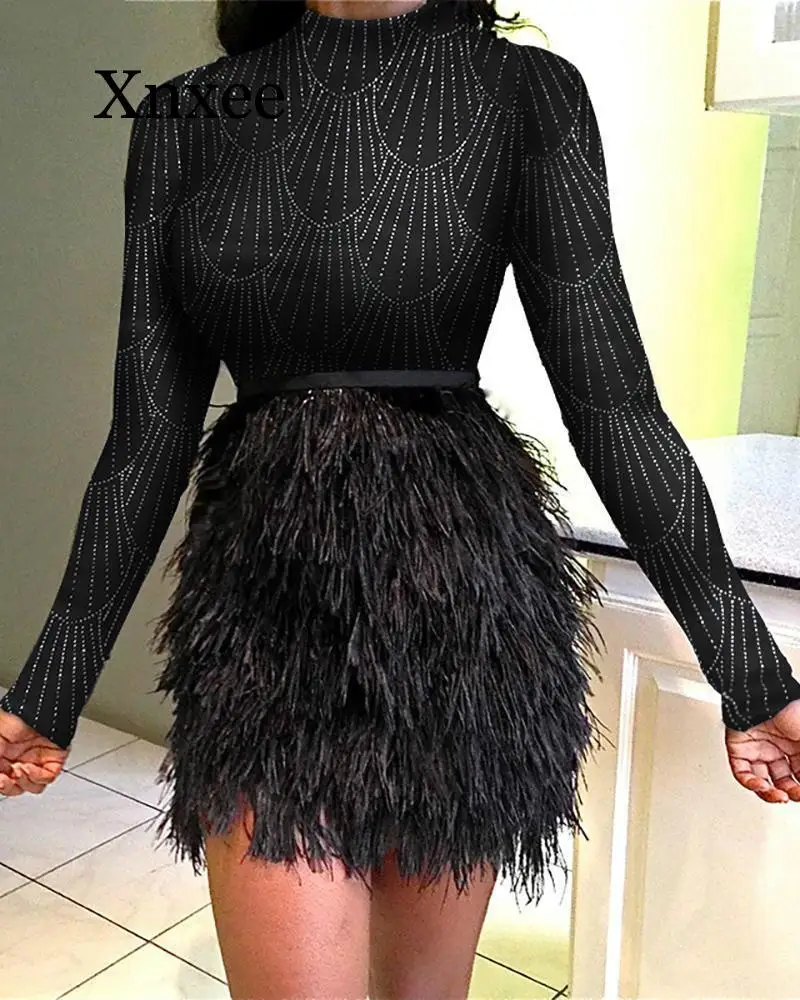 

feathers Women New Winter Mini Feathers Dress O-Neck Full Sleeve Above Knee Dress Sexy Night Club Hot Stamping Bandage Dresse