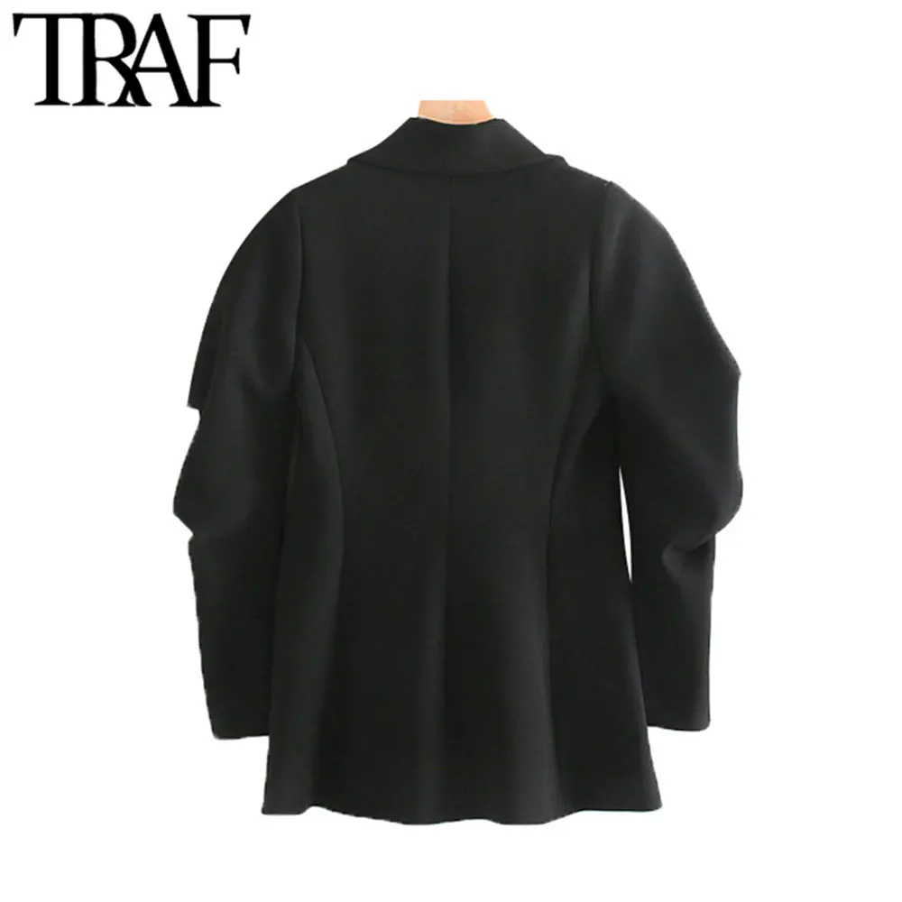 TRAF, Женская винтажная стильная офисная одежда, с карманами, Блейзер, пальто, модный Зубчатый воротник, плиссированные рукава, женская верхняя одежда, шикарные топы