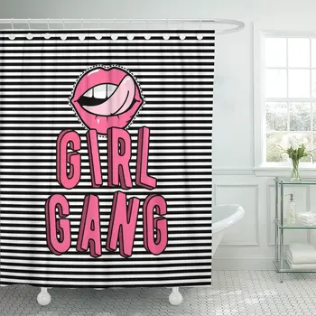 

Girl Gang Patch in The Memphis Lips Tongue Shower Curtain Waterproof 60 x 72 Inches Set with Hooks
