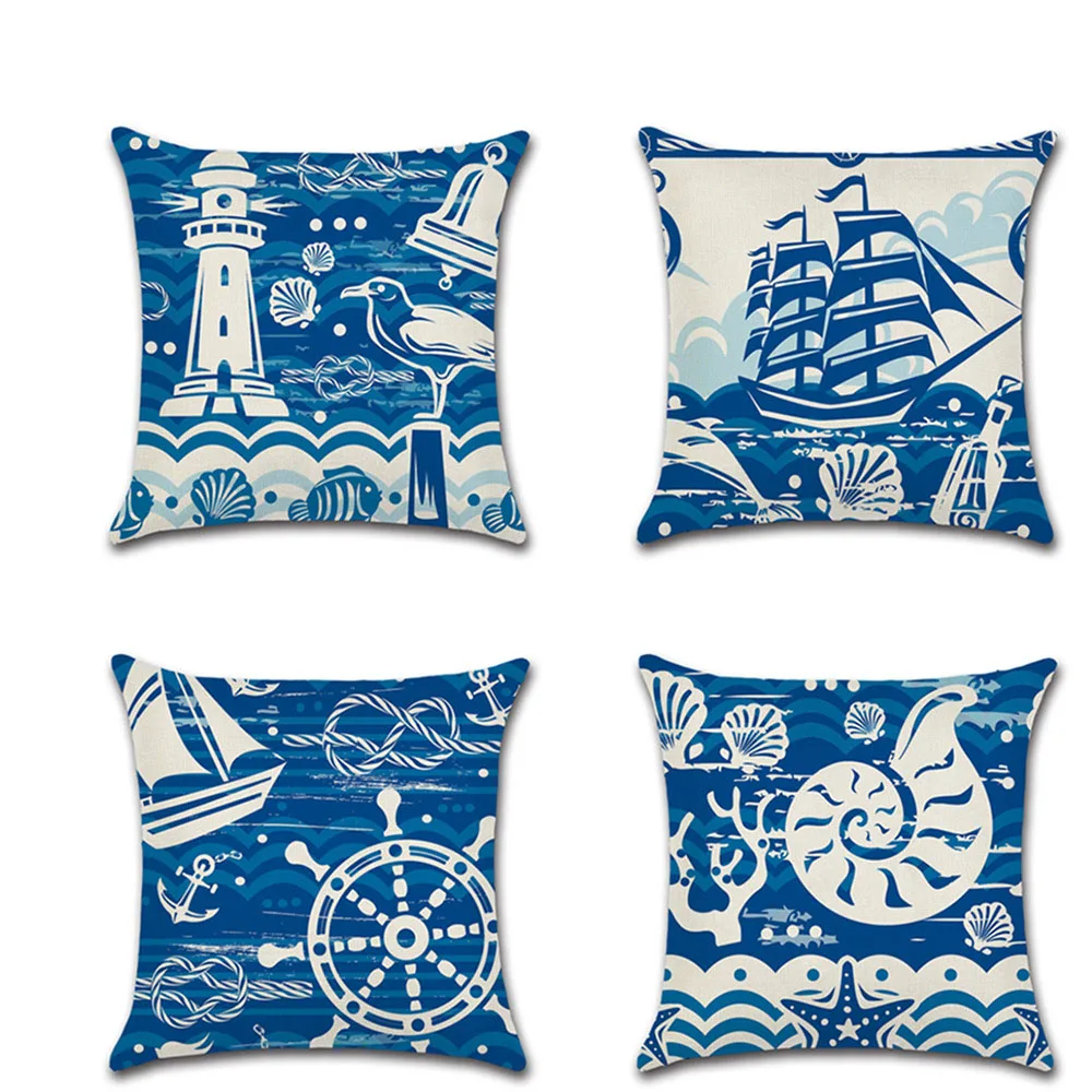 

Navigation Blue Anchor Pillow Cover Shell Conch Linen Pillow Case Home Decorative Mediterranean Cushion Cover