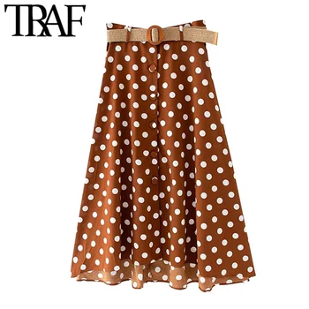 

TRAF Women Chic Fashion Polka Dot With Belt Midi Skirt Vintage High Waist Button-up Irregular Female Skirts Mujer