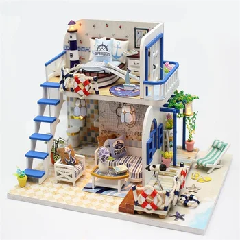 

3D Wooden house DIY blue coast doll House Miniature Furniture LED Lights home wedding Birthday Christmas Gif