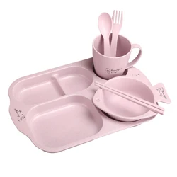 Children's Cartoon Tableware Set - 6-Piece Non-Slip Dinnerware with Plates, Bowl, Spoon, and Fork (Pink)