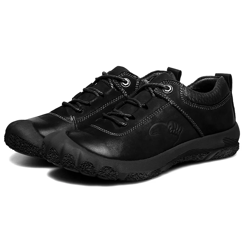 Genuine Leather Men Mountain Climbing Shoes Black Brown Leather Hiking Shoes for Men Rubber Outdoor Trekking Boots Hunting - Цвет: Black