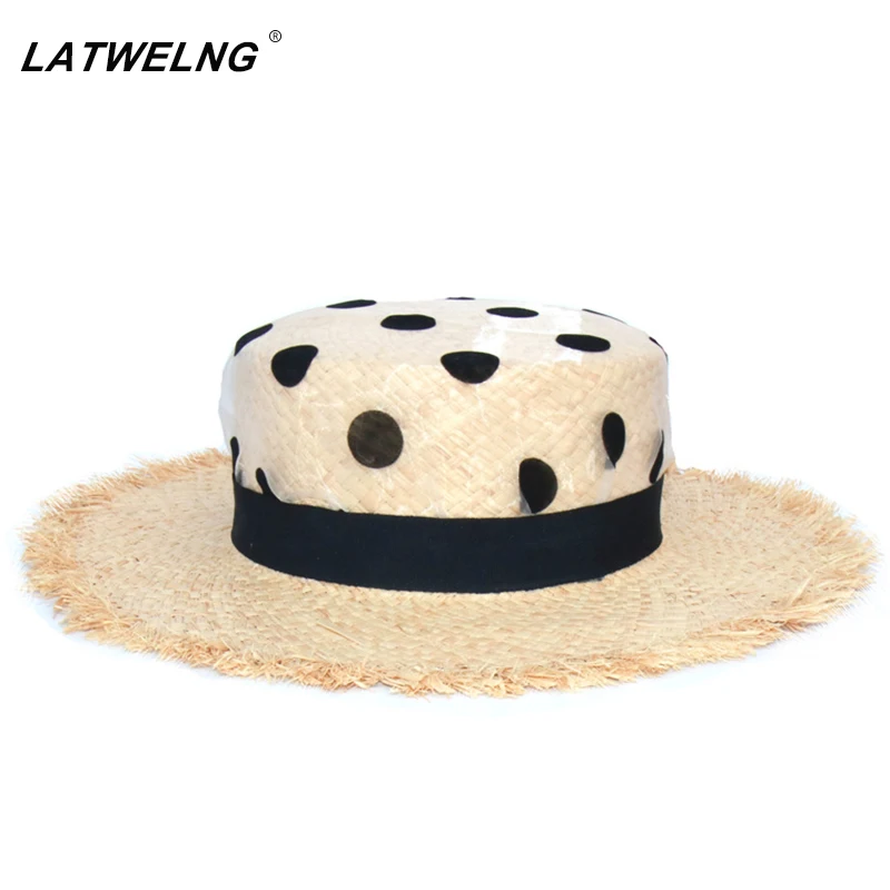 

2020 Brand Design Organza Dot Polka Print UV Sun Protection Hats For Women Wedding Caps Ladies Raffia Summer Beach Hat Vacation