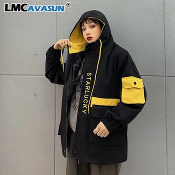 

LMCAVASUN Harajuku Winter Korean Cargo Jacket Women Men Vintage Causal Hooded Coat 2019 Letter Hit Color Safari Style Jackets
