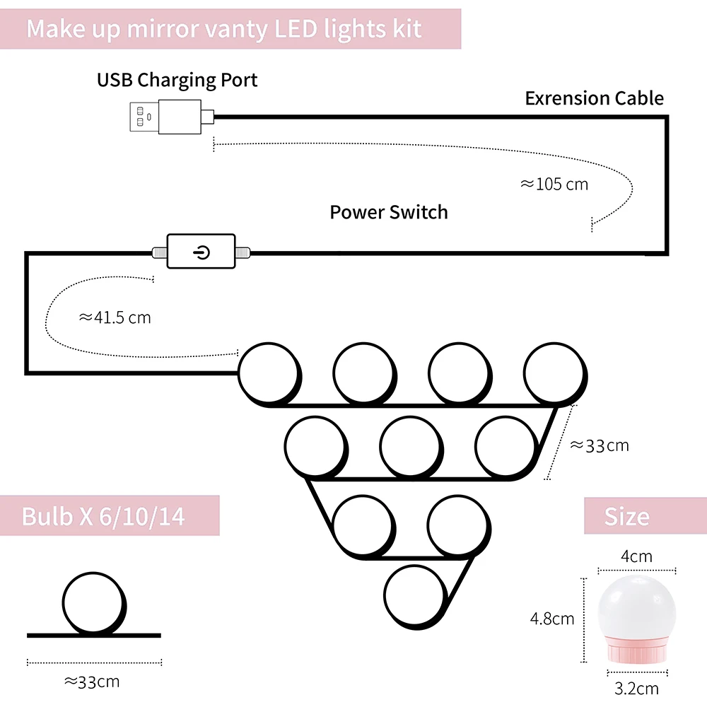  12V Makeup Table Mirror Light Led Hollywood Vanity Lamp Led Dressing Table 10 Bulbs Kit USB 5V Dimm