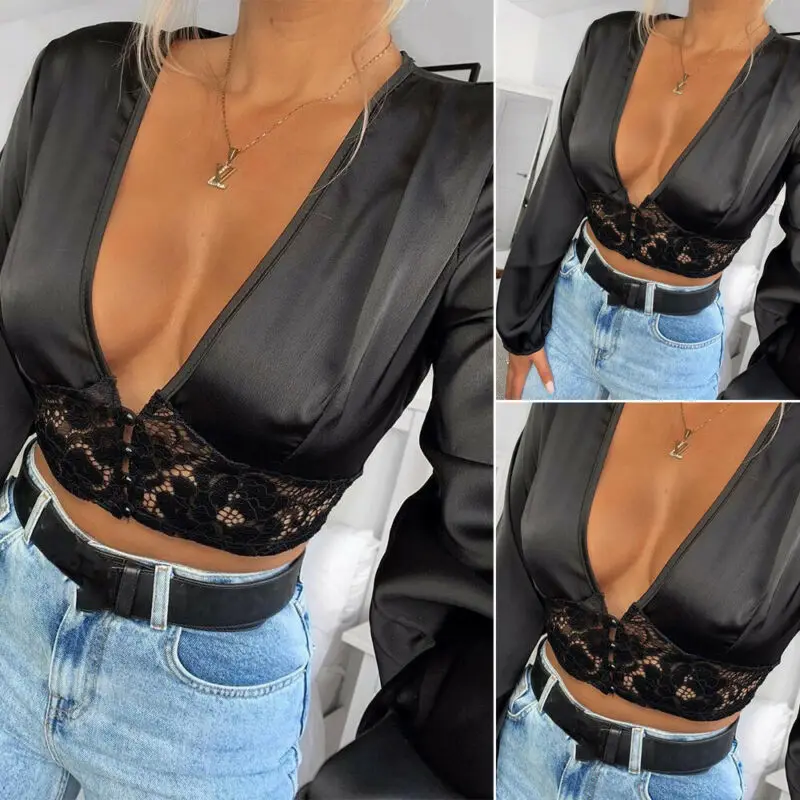 Hot Women Mesh Sheer Blouse See-through Hollow Deep V Lace Crop Top Long Sleeve Top Shirt Sexy Lace Black Shirt Female Blusas