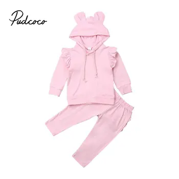 

0 1 2 Years Toddler Kid Baby Girl Winter Clothes Sets Ear Hooded Sweatshirt Tops + Long Pants 2Pcs Outfit Tracksuit Pink Color