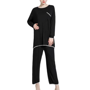 

European and American Women Solid Color Simple and Casual Modal Long-sleeved Home Service Two-piece Casual Pajamas Set New 2020