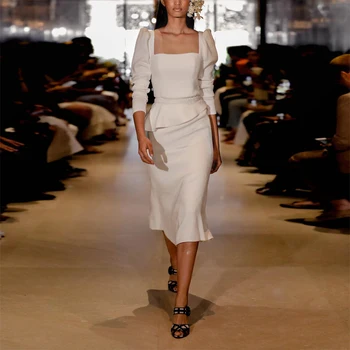 

2020 New Arrival Runway Designer Dress Women High Quality Long Sleeve Square Collar Bodycon White Elegant Office Ladies Workwear
