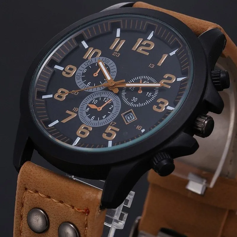 Reloj analógico de cuarzo con fecha de Cuero militar para hombre, pulsera de reloj resistente al agua masculino, regalos decoración fiesta