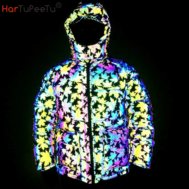 

2020 Winter Rainbow Reflective Light Jacket Men Safety Maple Leaf Thick Warm Cotton Padded Hip Hop Plus Size Loose Snow Coat