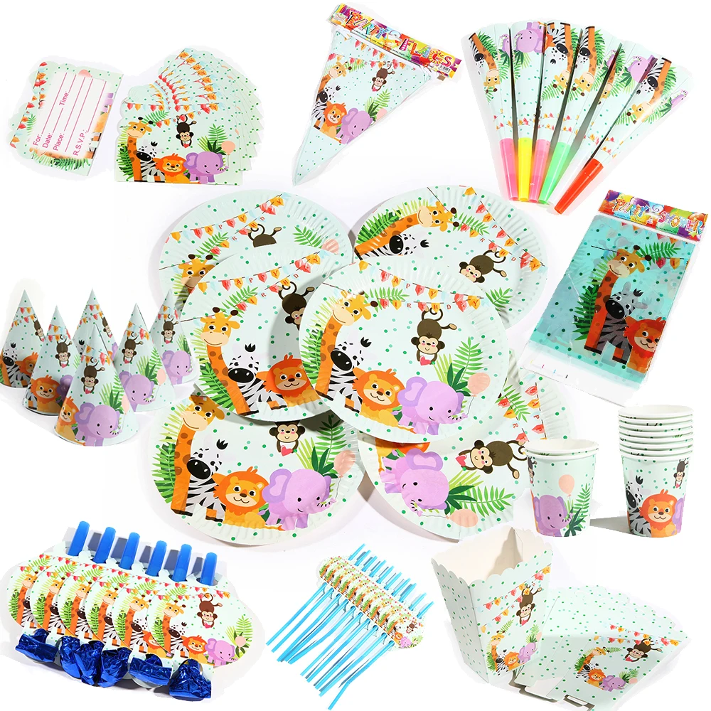 

Wholesale Jungle Animal zoo Theme Paper Flag/Plate/Cup Party decoration party balloons Baby Happy Birthday event party supplies for kids