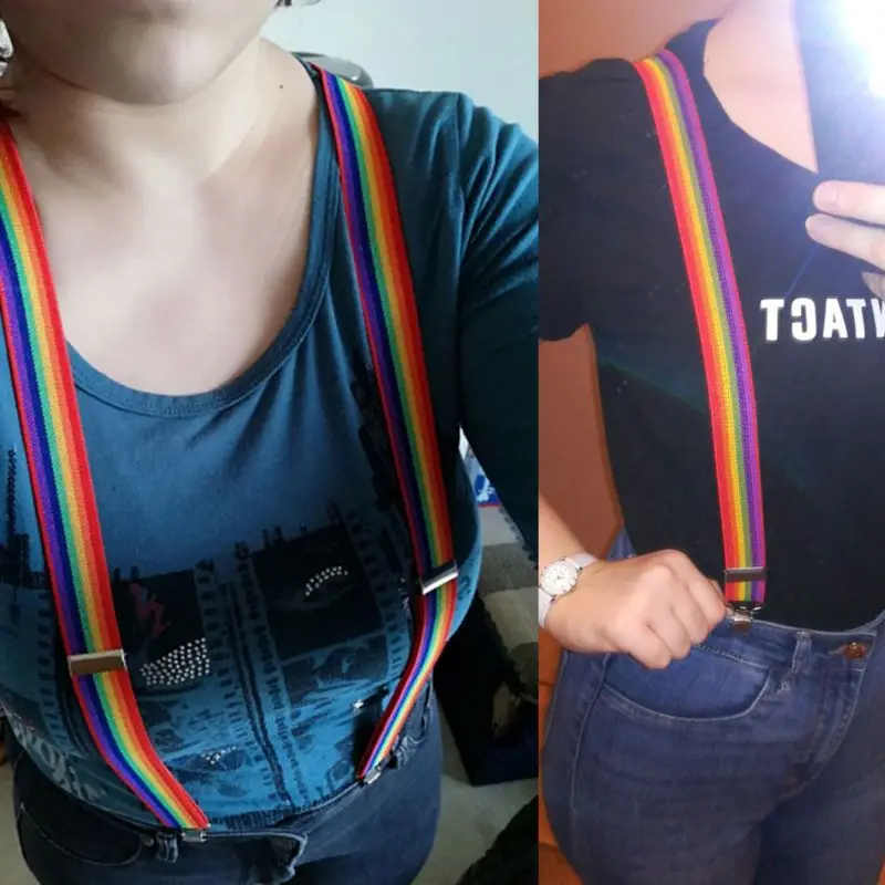 

2020 New Colorful Striped Strap Rainbow Bib Pants Straps Clip Adult Unisex Suspenders Buckle Adjustable Shoulder Belt