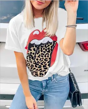 

Summer New Women Short Sleeve O Neck T Shirts Leopard Lip Printed Casual Tops Tee Shirts