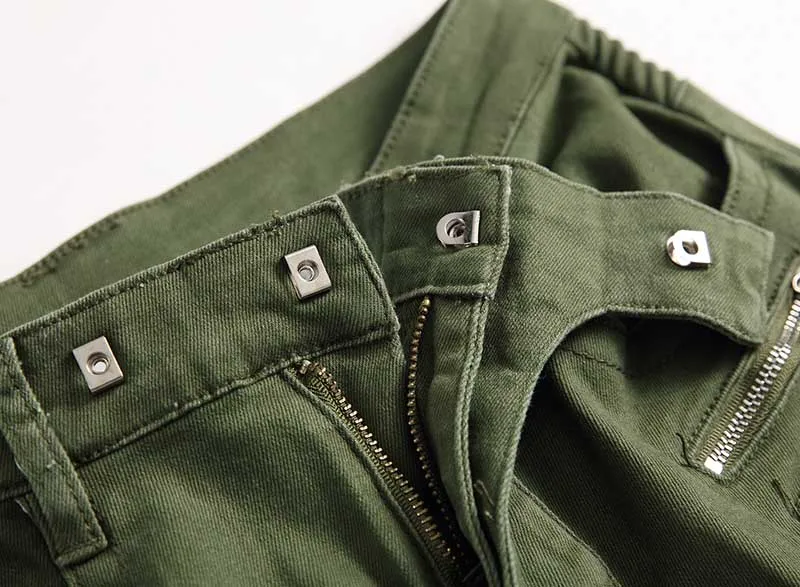 Mcikkny Fashion Mens Biker Jeans Pants Multi Pockets Motorcycle Denim Trousers For Male Army Green (5)