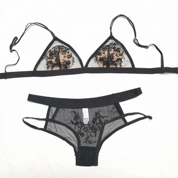 

Sexy Underwear Set Ultra Thin Mesh Transparent Embroidery Bra and Panty Set French Lace Triangle Bra Thin Lined Women Lingerie