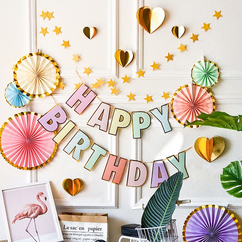 Macaron Colorful Happy Birthday Banner for Home//Garden Bday Party Supplies Macaron Festive Rainbow Colors with Metallic Gold Foil Birthday Party Decorations