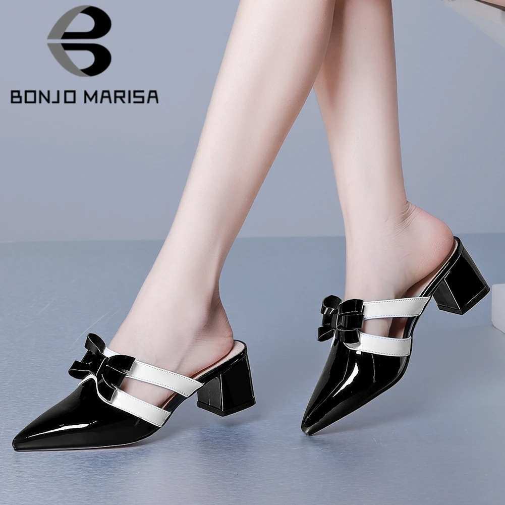 

BONJOMARISA Big Size 34-43 New Fashion Ladies Patent Leather Mules Pointed Toe Chunky Heels Slippers Women Party Ol Shoes Woman