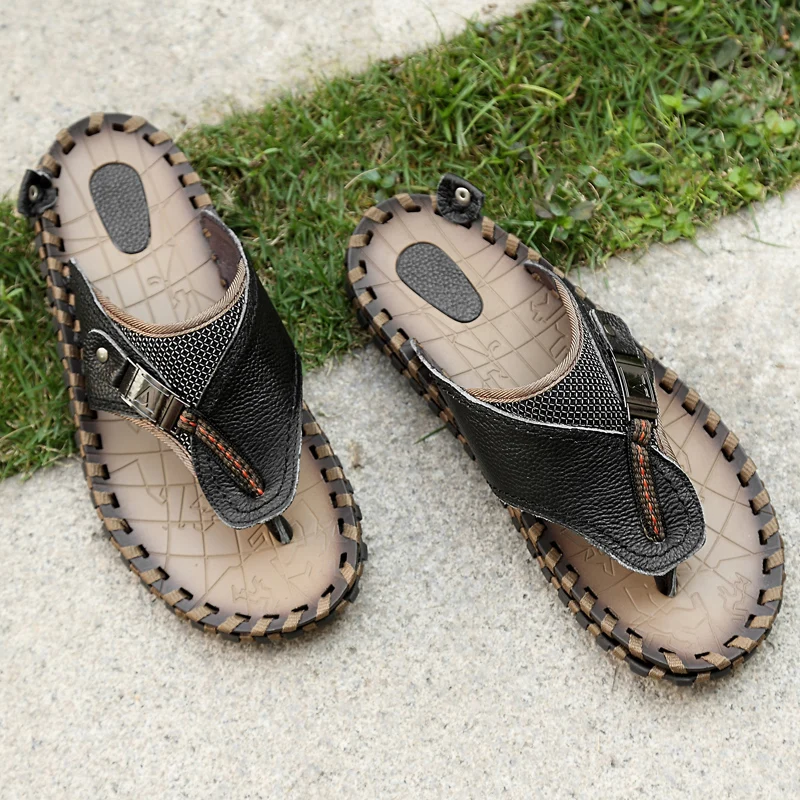 Летние кожаные сандалии Мужская Уличная удобная обувь для пляжа Модные Мужские дышащие резиновые сандалии Hombre Большие размеры - Цвет: 305Black