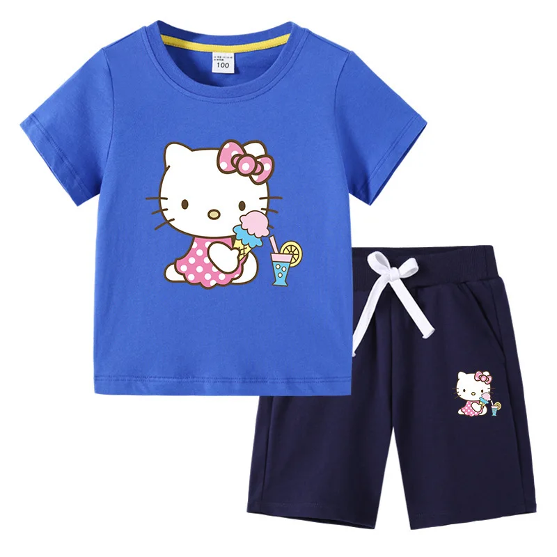 thumbnail image 1 of Hello Kitty verano niños pequeños de algodón de manga corta camiseta traje niños pantalones cortos de manga corta conjunto de dos piezas ropa para niños, 1 of 5