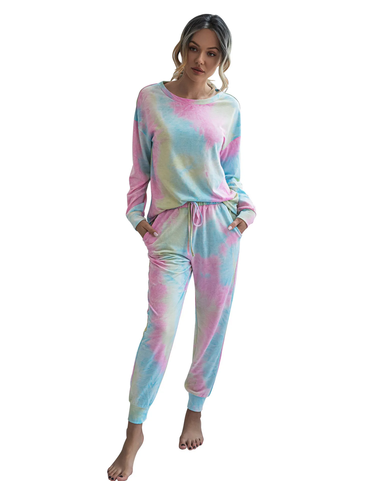 

Two Piece Set Fall Clothes for Women O-Neck Drawstring Print Full Length 2 Piece Outfits for Women Pants and Top 2 Piece Set