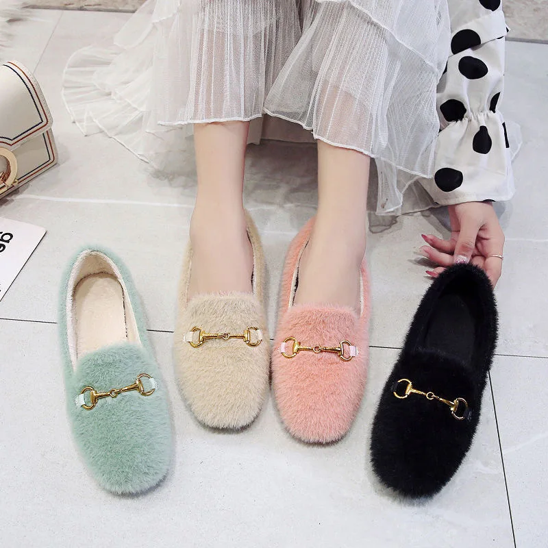 

Fluffy Shoes Women's 2019 Autumn And Winter New Style Cotton-padded Shoes Versatile Korean-style Slip-on Flat Keel Thin Shoes St
