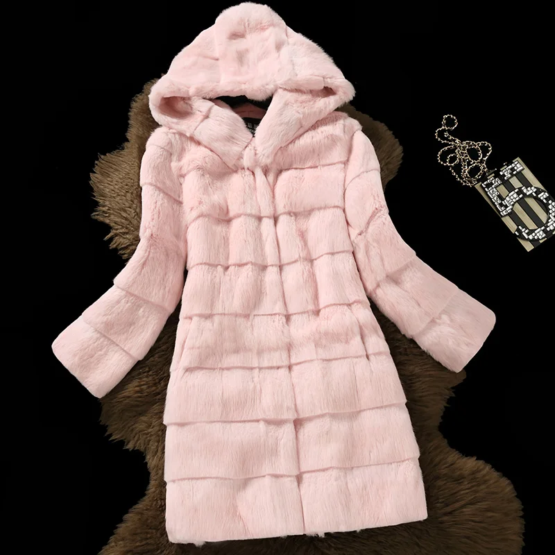 Fashion real fur coat women full sleeve wave cut genuine rabbit fur warm winter coats and jackets with a hood - Цвет: pink