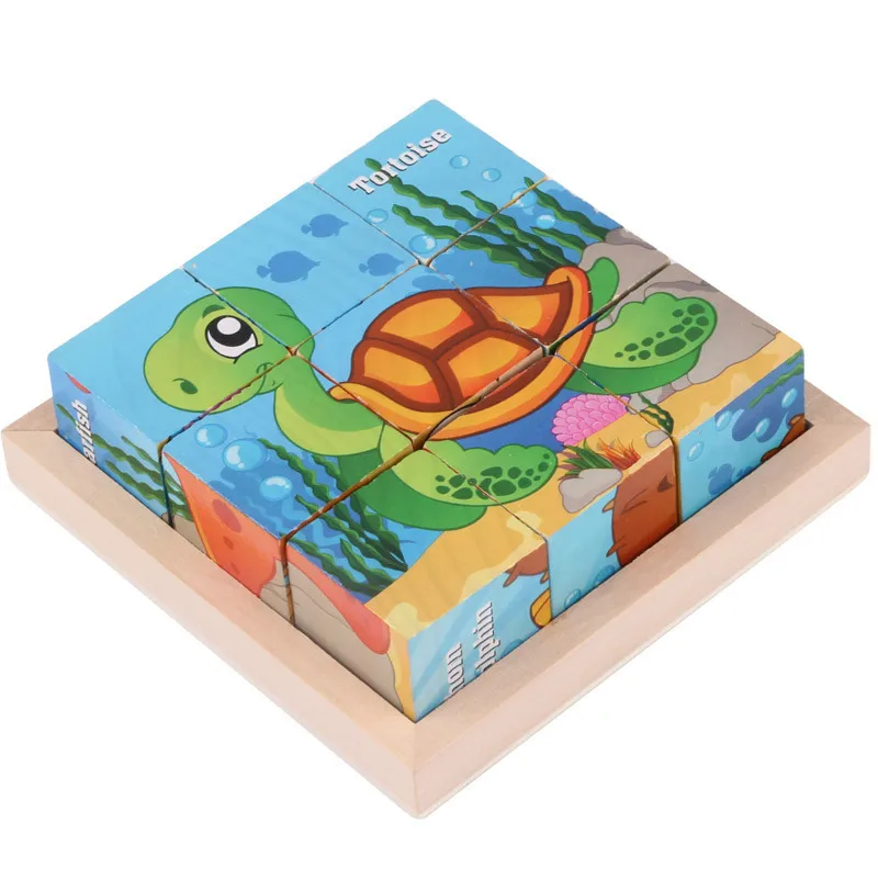 

Children's wooden toys 9 pieces of six - sided painting puzzle kids educational toys