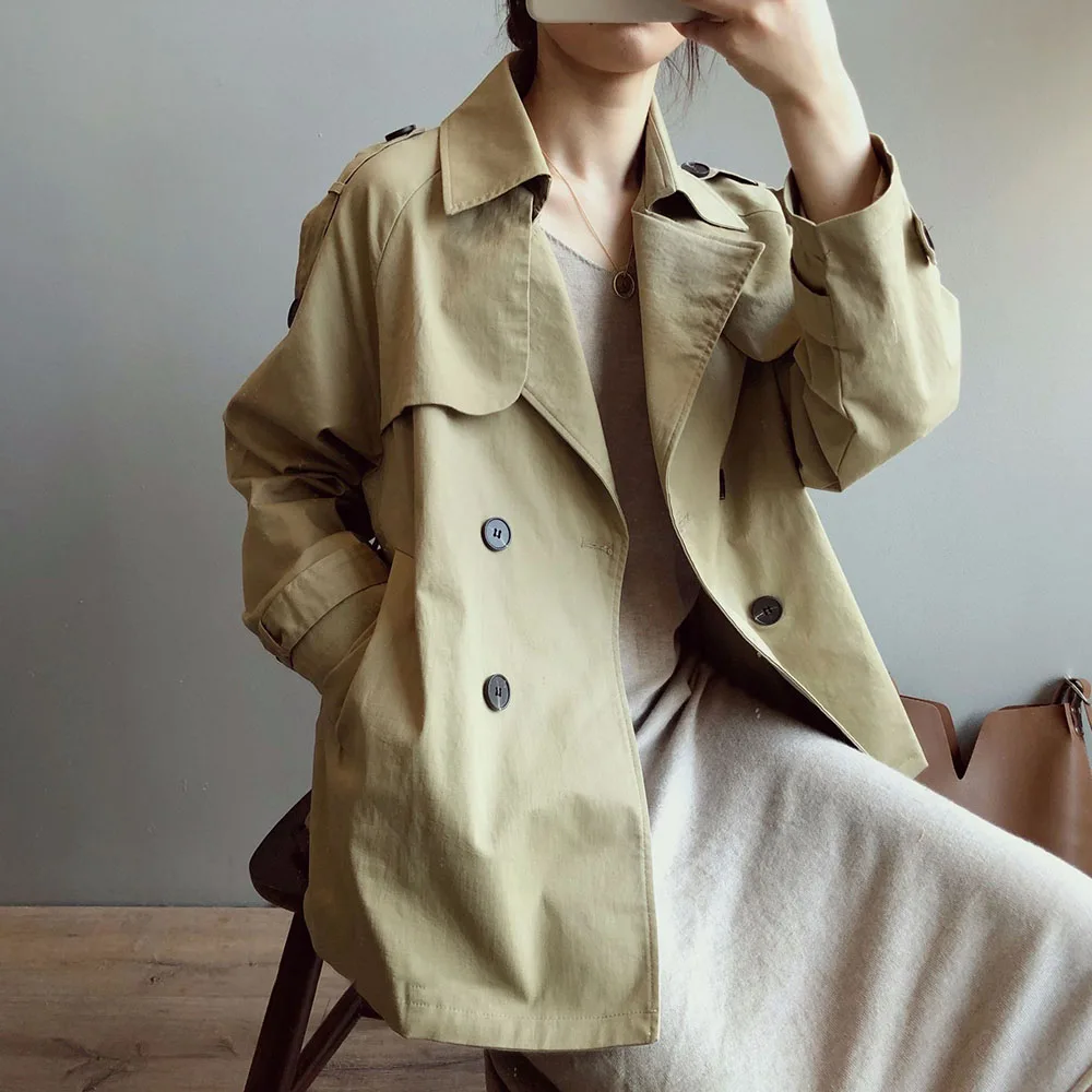 

Spring Fall Women Trench Korea Japan Loose Solid Color Long Sleeve Outwear Double Breasted Short Straight Trench Windbreaker