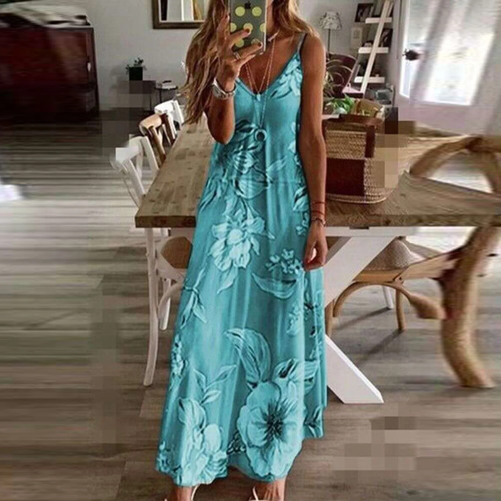 40# Vintage Floral Print Spaghetti Strap Dress Woman Casual Long Maxi Dresses For Women v neck Beach Sundress Robe Femme