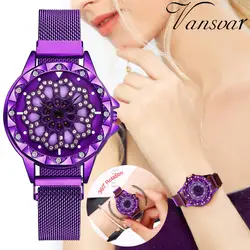 Роскошные женские наручные часы со стразами вращающийся циферблат дамские Модные кварцевые наручные часы с магнитной пряжкой ремешок