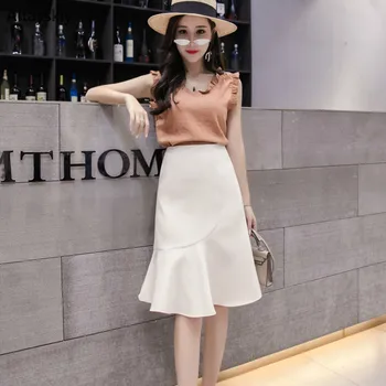 

Skirts Women Solid Trendy Elegant All-match High-quality Korean Style Leisure Daily Womens Female Ruffles Knee-Length A-Line