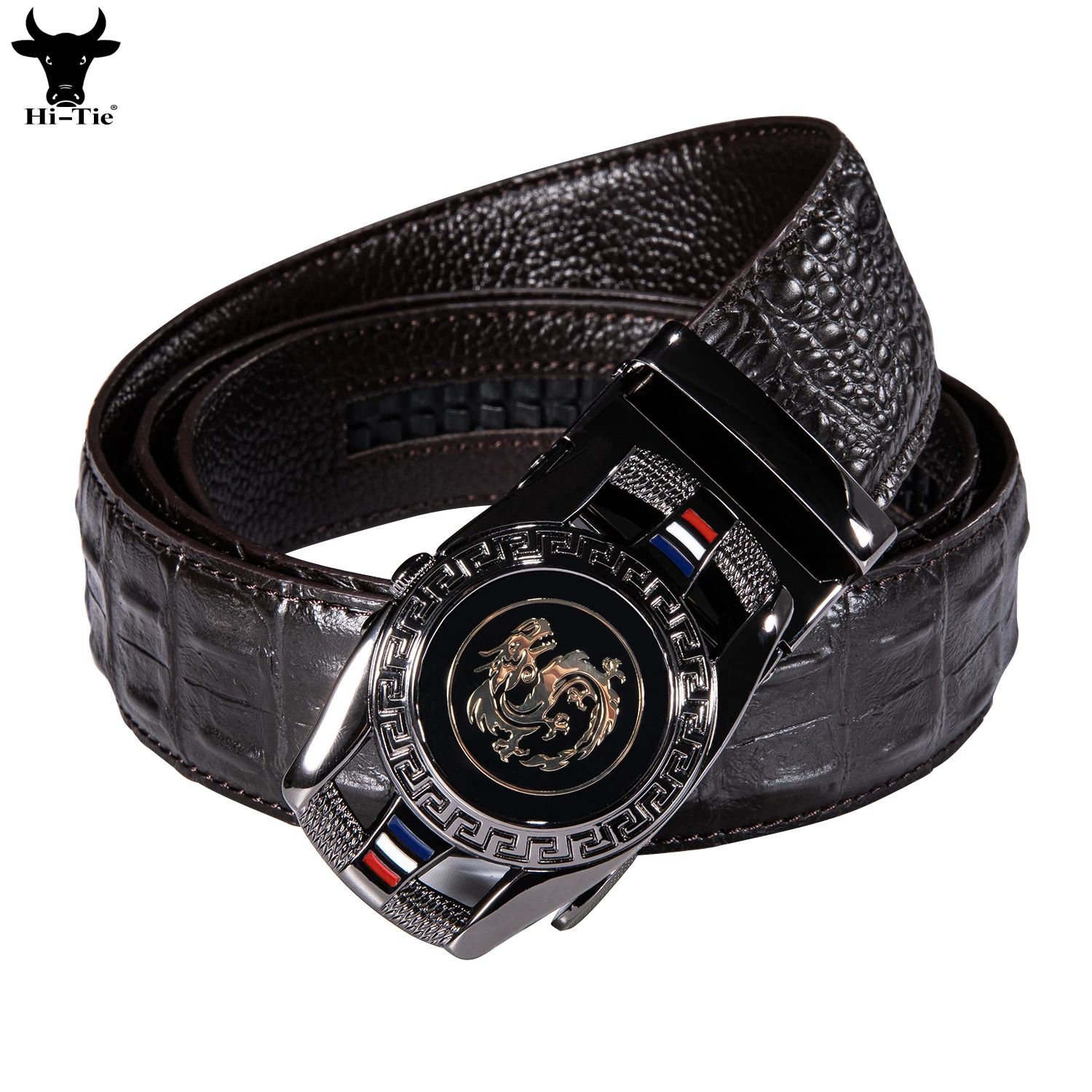 

Дизайнерский коричневый кожаный мужской ремень с крокодиловым узором, с автоматической пряжкой дракона, винтажный пояс для мужчин, джинсовое платье